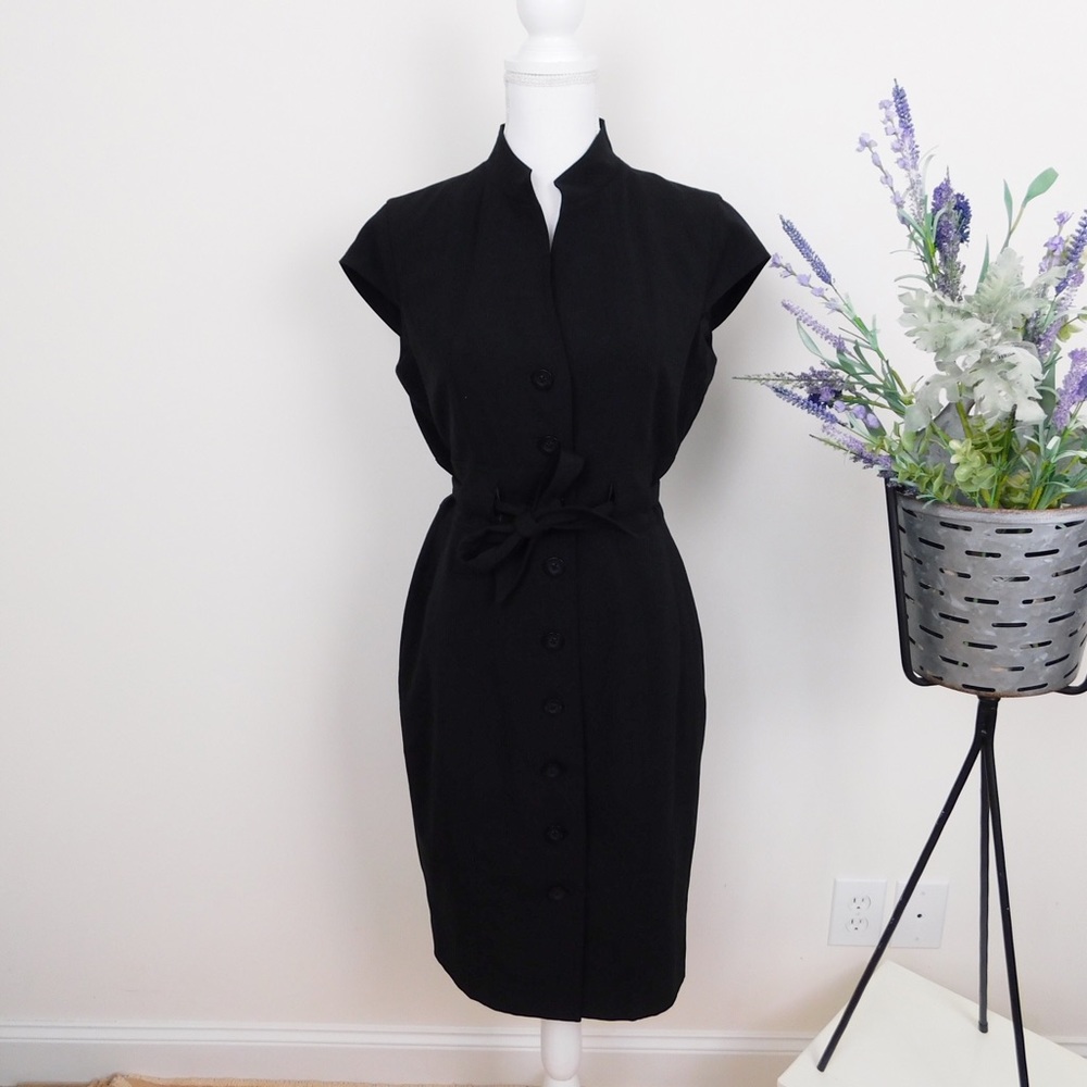 Calvin Klein Black Cap-Sleeve Button-Front Midi Dress